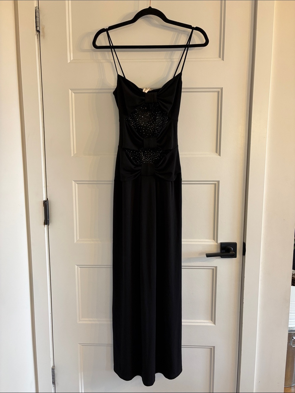 Vintage Black Spaghetti-Strap Maxi Dress with Bow & Sequin Accents